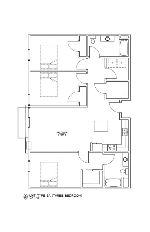 Floor plan for 3 beds, 2 baths, 1337 sqft